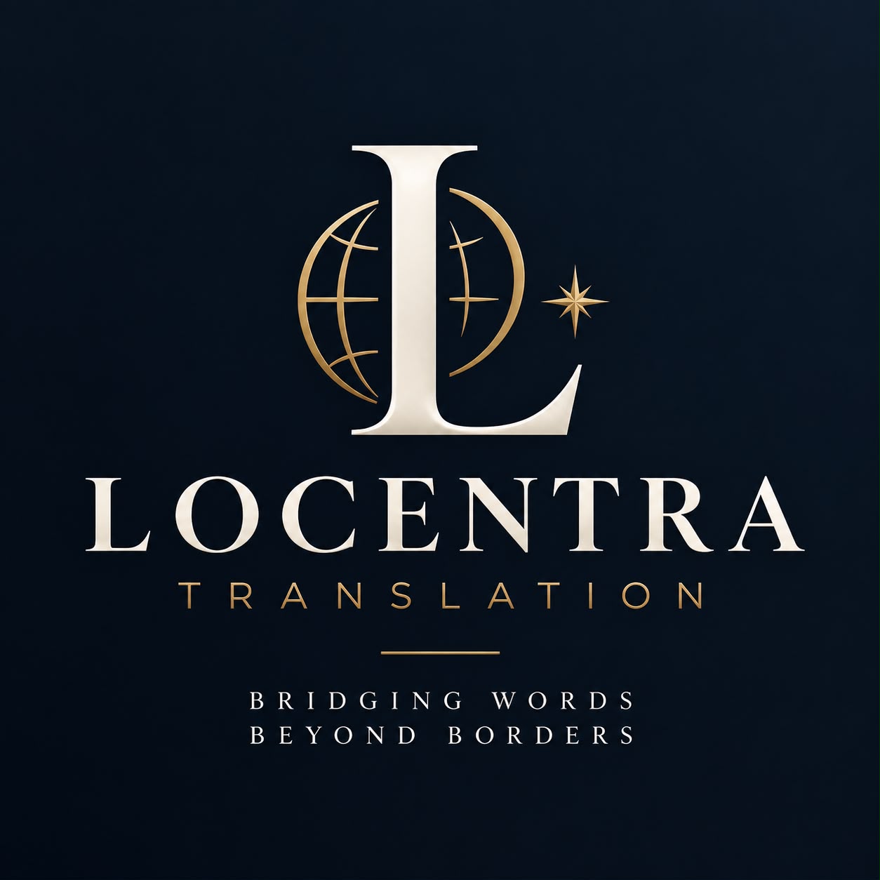 Locentra Translation Logo mit Globus und Stern, Wörter über Grenzen hinweg verbinden